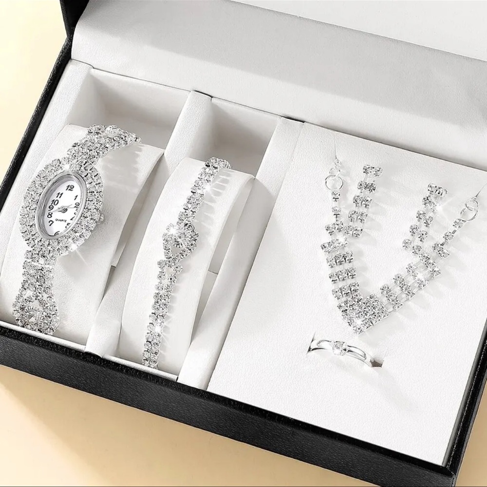 6PCS Set Luxury Watch Women Ring Necklace Earring Rhinestone Fashion Wristwatch